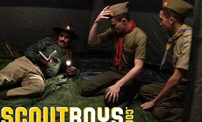 Young scouts Austin and Jack finish their evening chores and join Scoutmaster Cox in their tent. Tired from a full day adventuring out in the woods, and spending time with the other boys at camp...