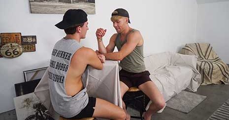 Frat bros Masyn Thorne and Devyn Pauly do round after round of arm wrestling, betting each other that whoever loses has to do something sexual to the other.