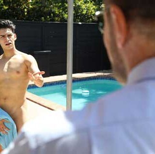 Sexy Aaron Perez chilling by the pool is being watched by his stepdad Max Sargent. The horny daddy joins his stepson and confesses to him how much he likes his body. Watch what happens next!