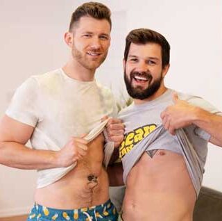 The chemistry is off the charts as handsome Caden makes out with bearded hunk Brysen on the couch, eagerly stripping out of their t-shirts and shorts before Caden sucks Brysen.
