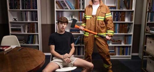 College student Joey Mills pulls the fire alarm to get out of a test, but he immediately gets caught by hot firefighter Finn Harding, who chastises the thoughtless twink with an over-the-knee spanking.