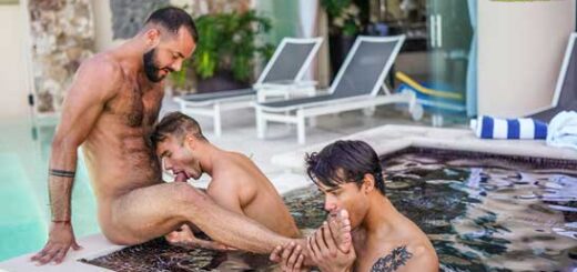Before the hardcore fucking begins, Allen King spends a relaxing afternoon in the wading pool with Sir Peter and Marco Antonio. Both tops set upon Allen quickly and manhandle him.