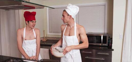 There’s still a lot to do before Christmas, so it’s baking time! Brody is preparing some cookies, and Dakota is eager to help him. Wearing just an apron and the chef’s hat, the two quickly have the mix ready for the oven.
