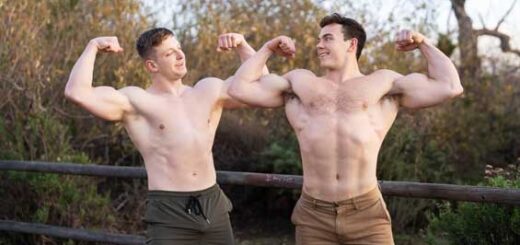 Things get romantic as muscular studs Clark Reid and newcomer Kyle Denton enjoy a sunset together before Kyle’s first scene. After playfully swatting each other with their shirts and horsing around...