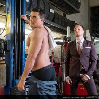 Suit-wearing Mark Blue comes to pick up his car at the mechanic but his car is missing. Turns out someone has taken it for a joy ride. Thankfully, power-bottom mechanic Presley Scott manages to appease Mark by being "creative" and keeping him occupied.
