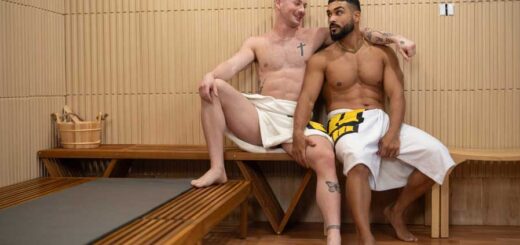 Boyfriends Evan and Diego treat themselves to a sauna after their hard workout. They have the space to themselves and soon start stroking their cocks under their towels!